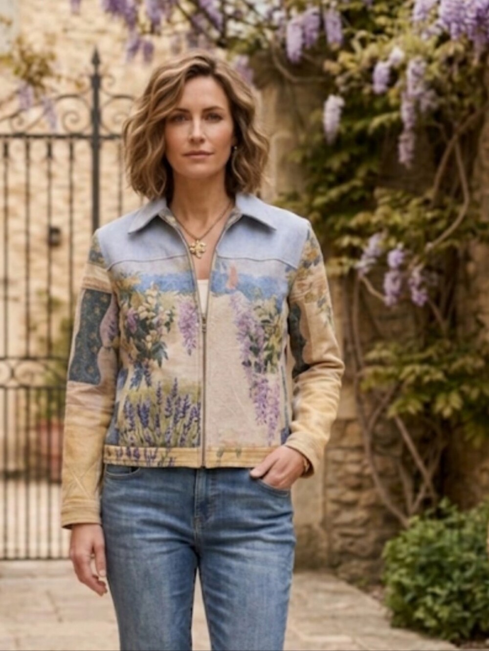 St. John Vintage 90s Y2K Lavender Multi Floral Zip-Front Jean Jacket
